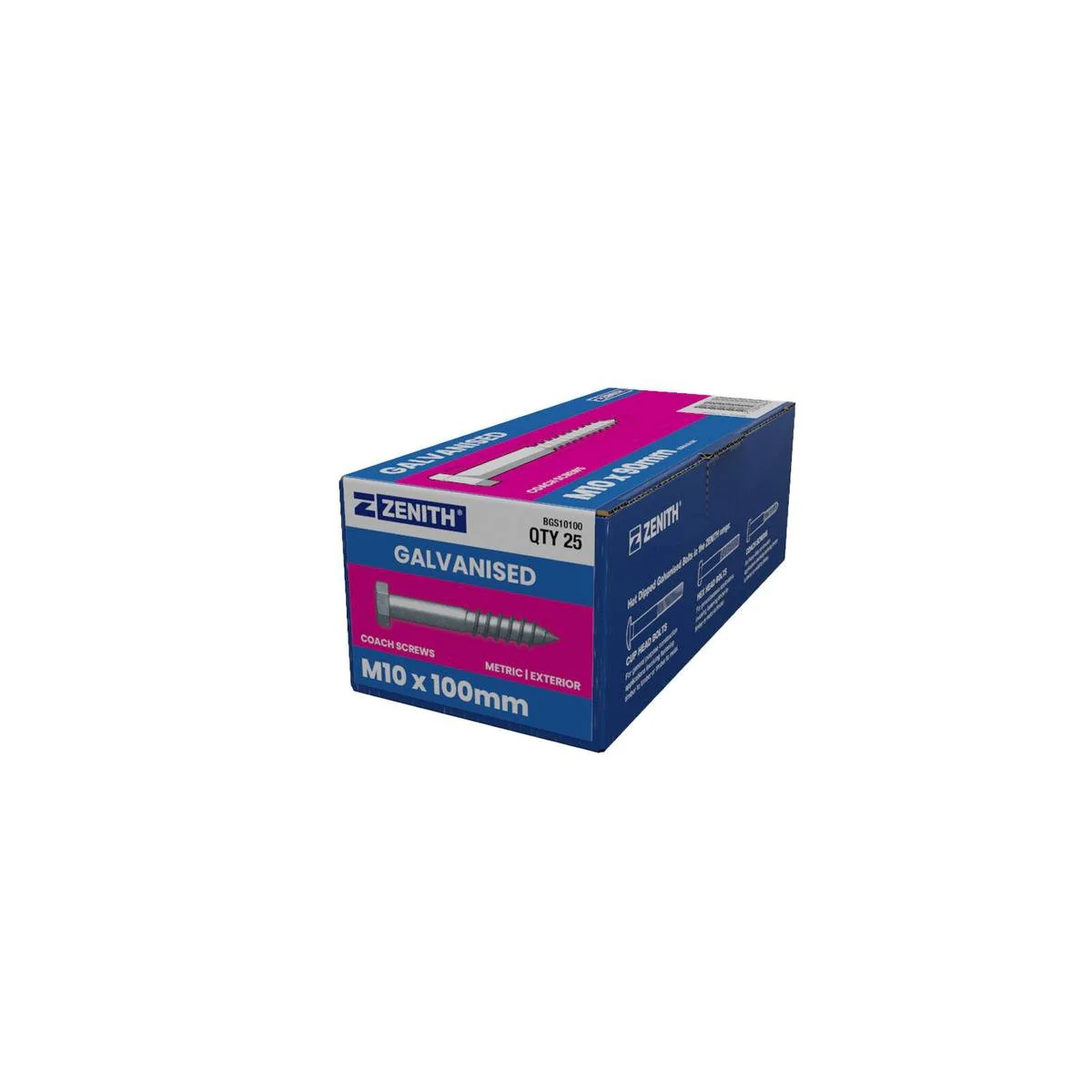Zenith M10 Hex Head Coach Screws - 100mm - 25 Pack - Hot Dip Galvanised - Heavy-Duty