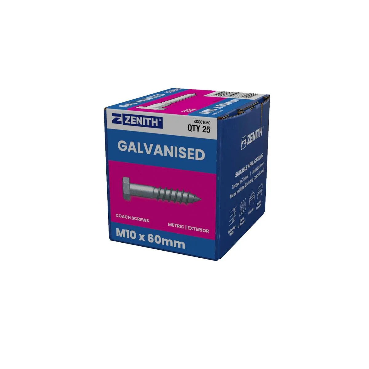 Zenith M10 Hex Head Coach Screws - 60mm - 25 Pack - Hot Dip Galvanised - Heavy-Duty