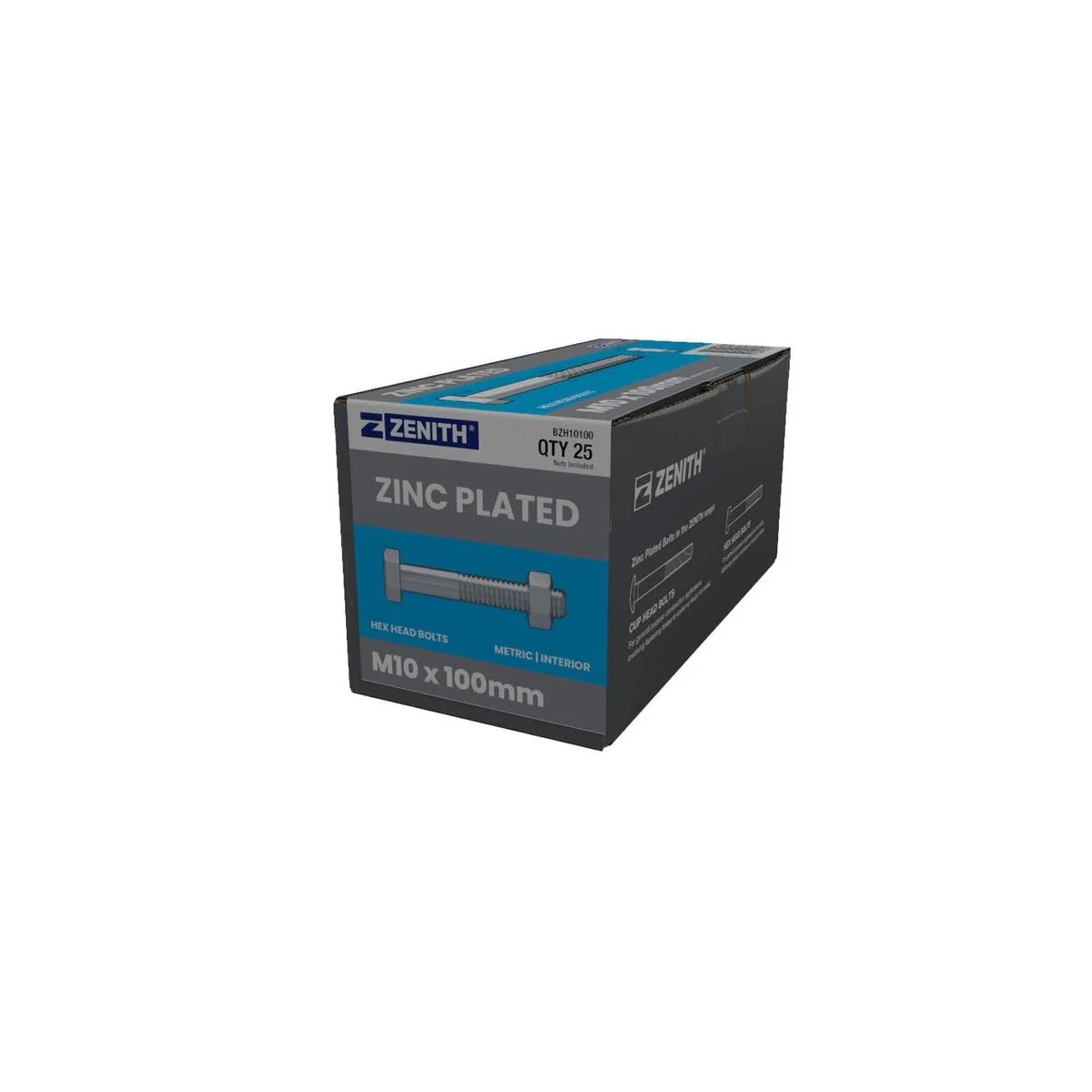Zenith M10 x 100mm Zinc Plated Hex Head Bolts and Nuts 25 Pack - Durable Fastening Solutions