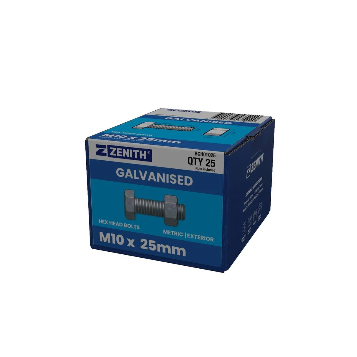 Zenith M10 x 25mm Hot Dip Galvanised Hex Head Bolts and Nuts 25 Pack - Durable Fastening Solutions