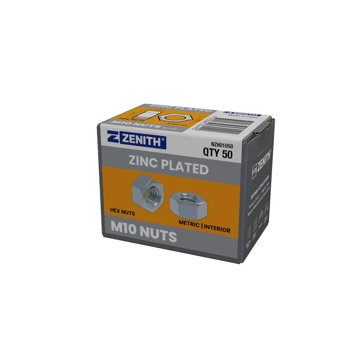 Zenith M10 Zinc Plated Hex Nuts 50 Pack - 18.3mm x 8.2mm - Maximum Torque