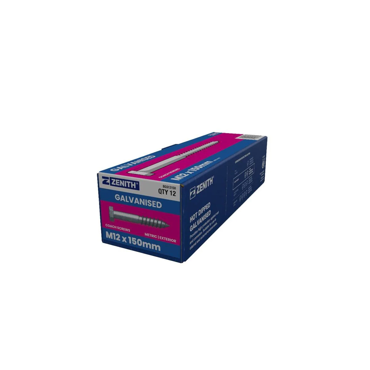 Zenith M12 Hex Head Coach Screws - 150mm - 12 Pack - Hot Dip Galvanised - Heavy-Duty