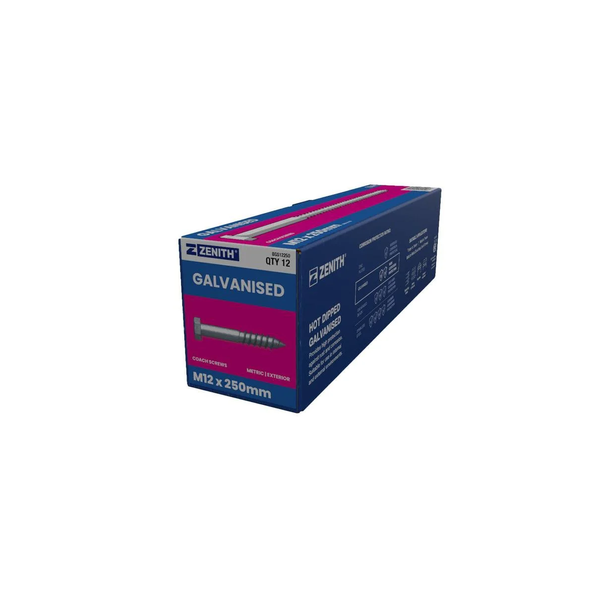 Zenith M12 Hex Head Coach Screws - 250mm - 12 Pack - Hot Dip Galvanised - Heavy-Duty