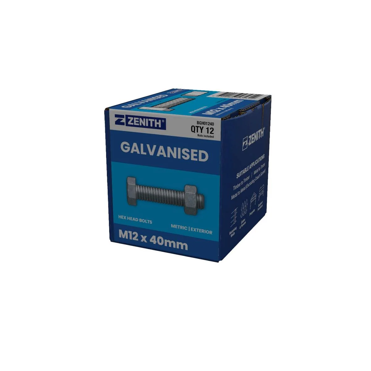 Zenith M12 x 40mm Hot Dip Galvanised Hex Head Bolts and Nuts 12 Pack - Rust Resistant - Strong Grip