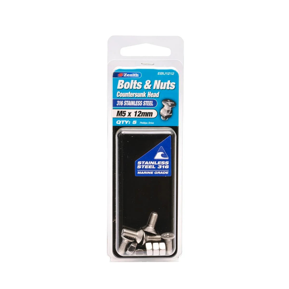 Zenith M5 x 12mm Stainless Steel Countersunk Head Bolt and Nut 5 Pack
