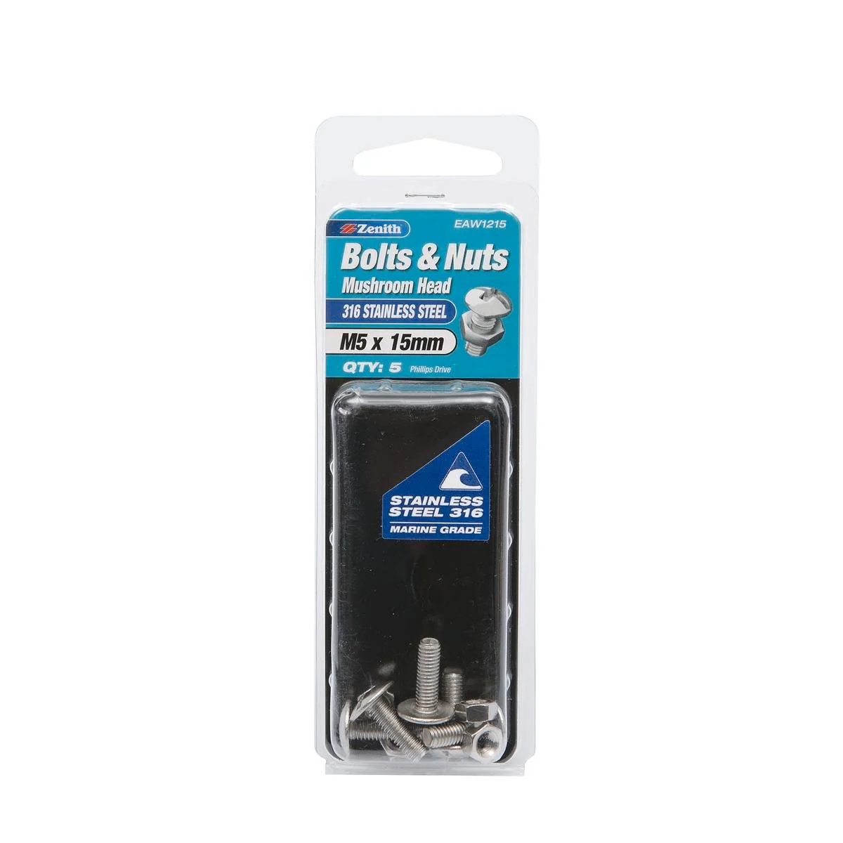 Zenith M5 x 15mm Stainless Steel Mushroom Head Bolts and Nuts 5 Pack