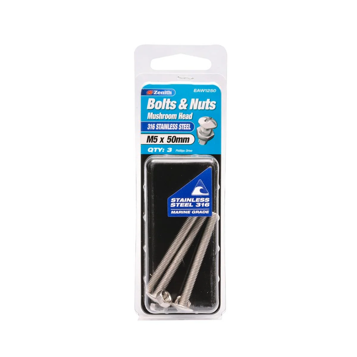 Zenith M5 x 50mm Mushroom Head Bolt and Nut 3 Pack Stainless Steel