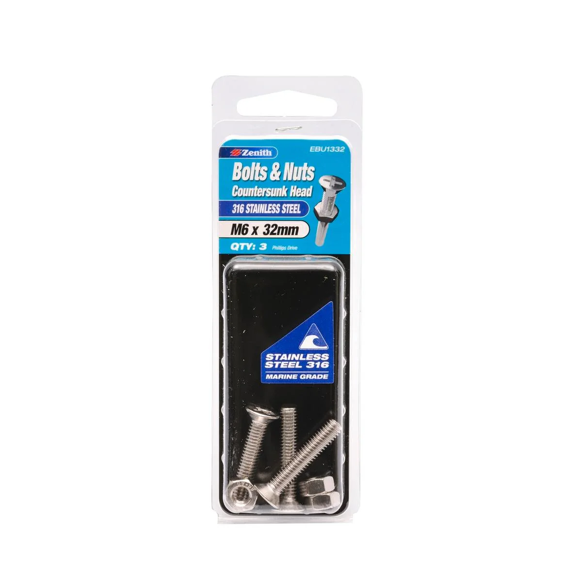 Zenith M6 x 32mm Stainless Steel Countersunk Head Bolt Nut 3 Pack