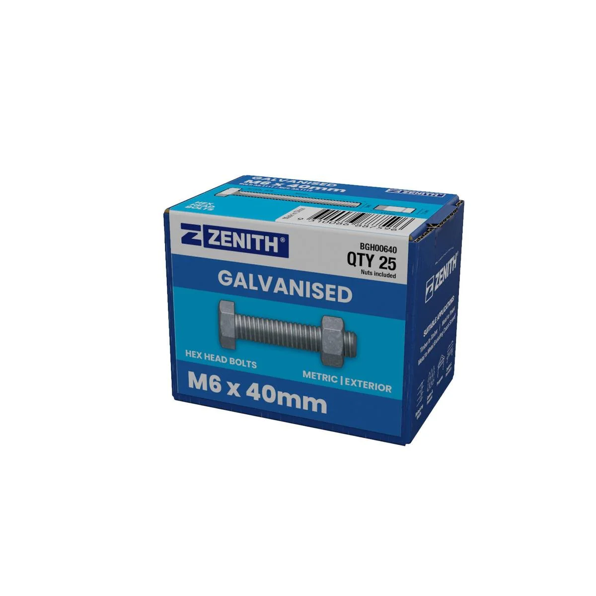 Zenith M6 x 40mm Hot Dip Galvanised Hex Head Bolts and Nuts 25 Pack