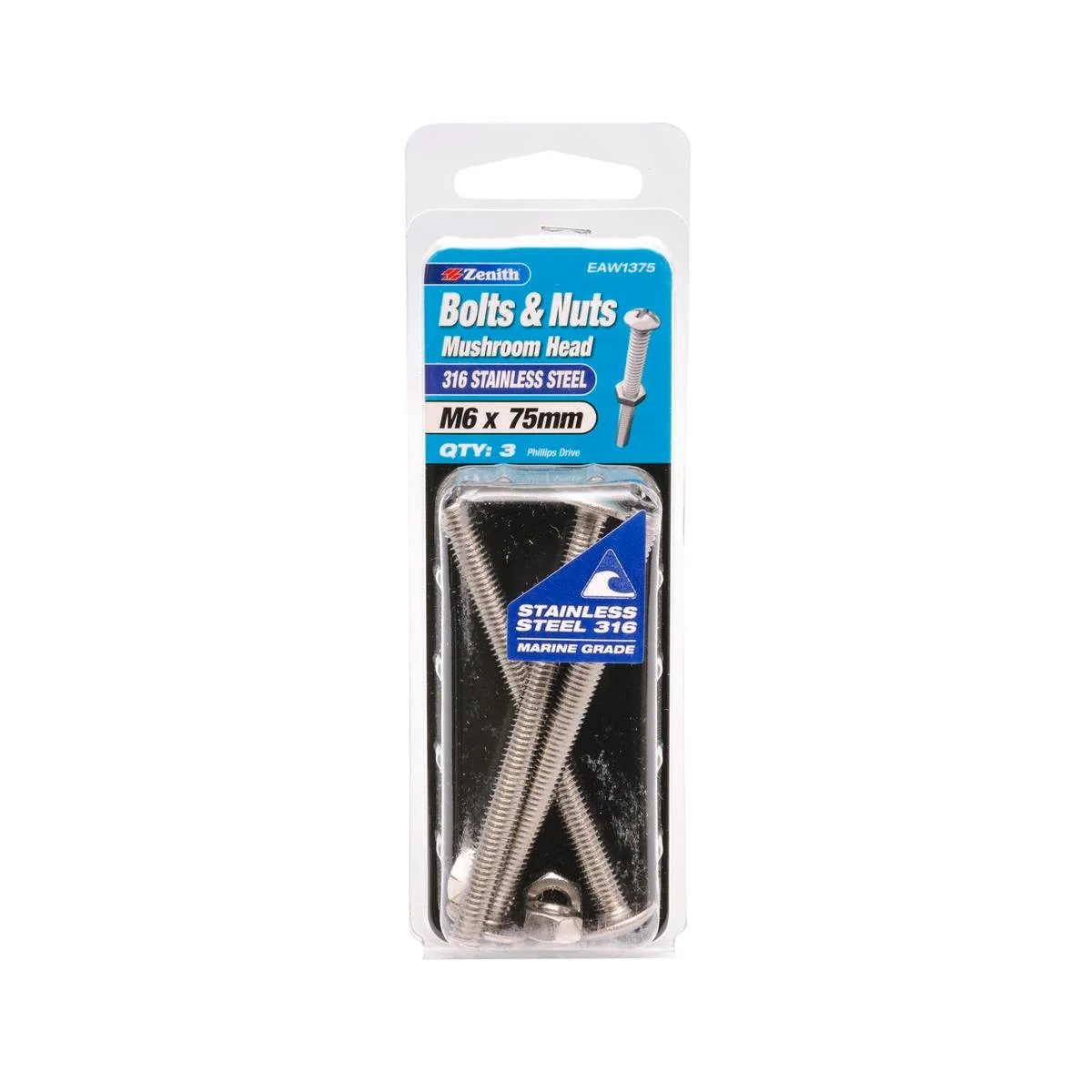 Zenith M6 x 75mm Mushroom Head Bolt and Nut 3 Pack Stainless Steel