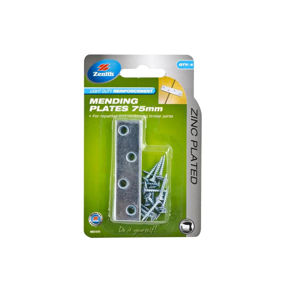 Zenith Mending Plates 75mm Zinc Plated 4 Pack Reinforce Timber Joints