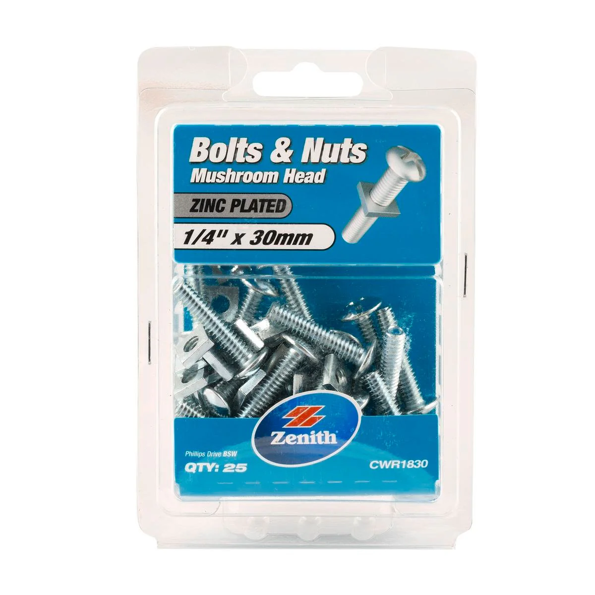 Zenith Mushroom Head Bolt - 1/4"x30mm - 25 Pack - Zinc Plated - Internal Use