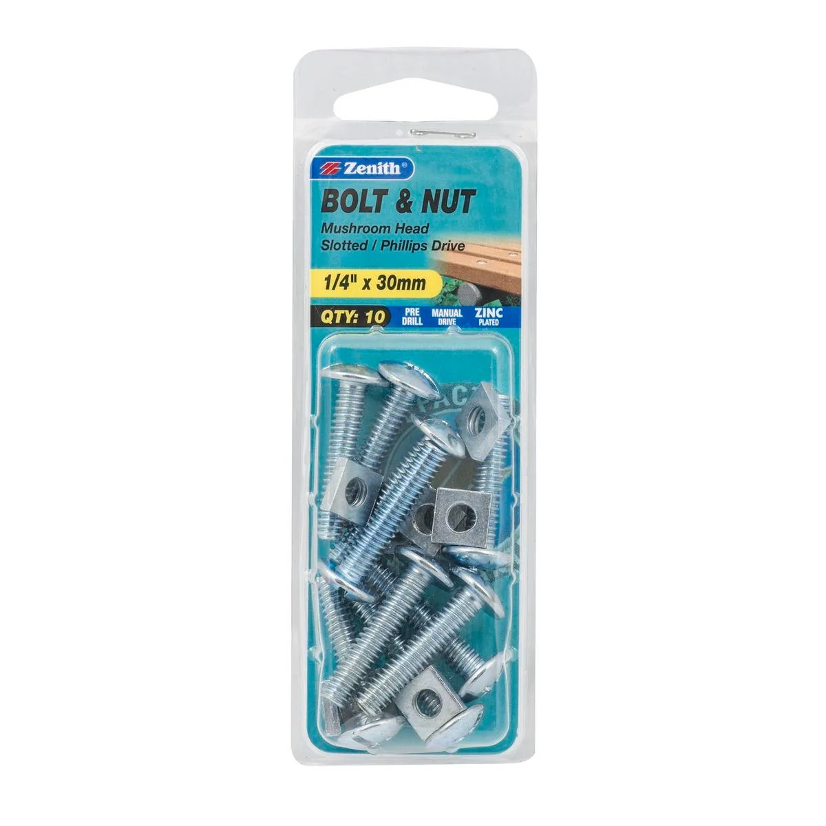 Zenith Mushroom Head Bolt & Nut - 1/4 x 30mm - Zinc Plated - 10 Pack