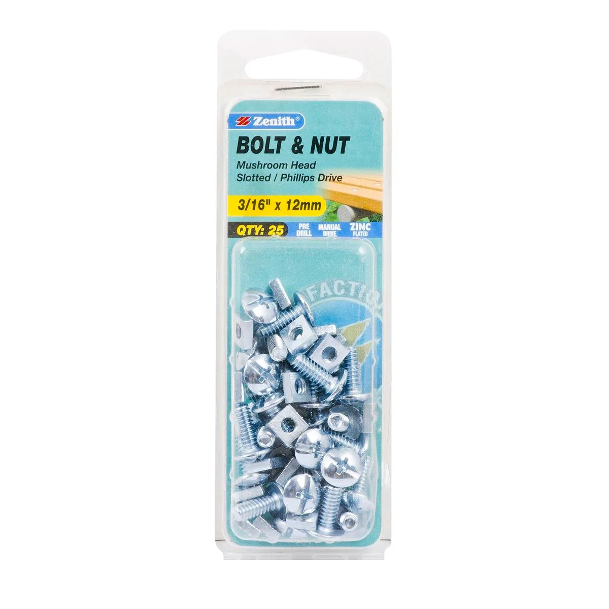 Zenith Mushroom Head Bolt & Nut - 3/16 x 12mm - 25 Pack - Zinc Plated