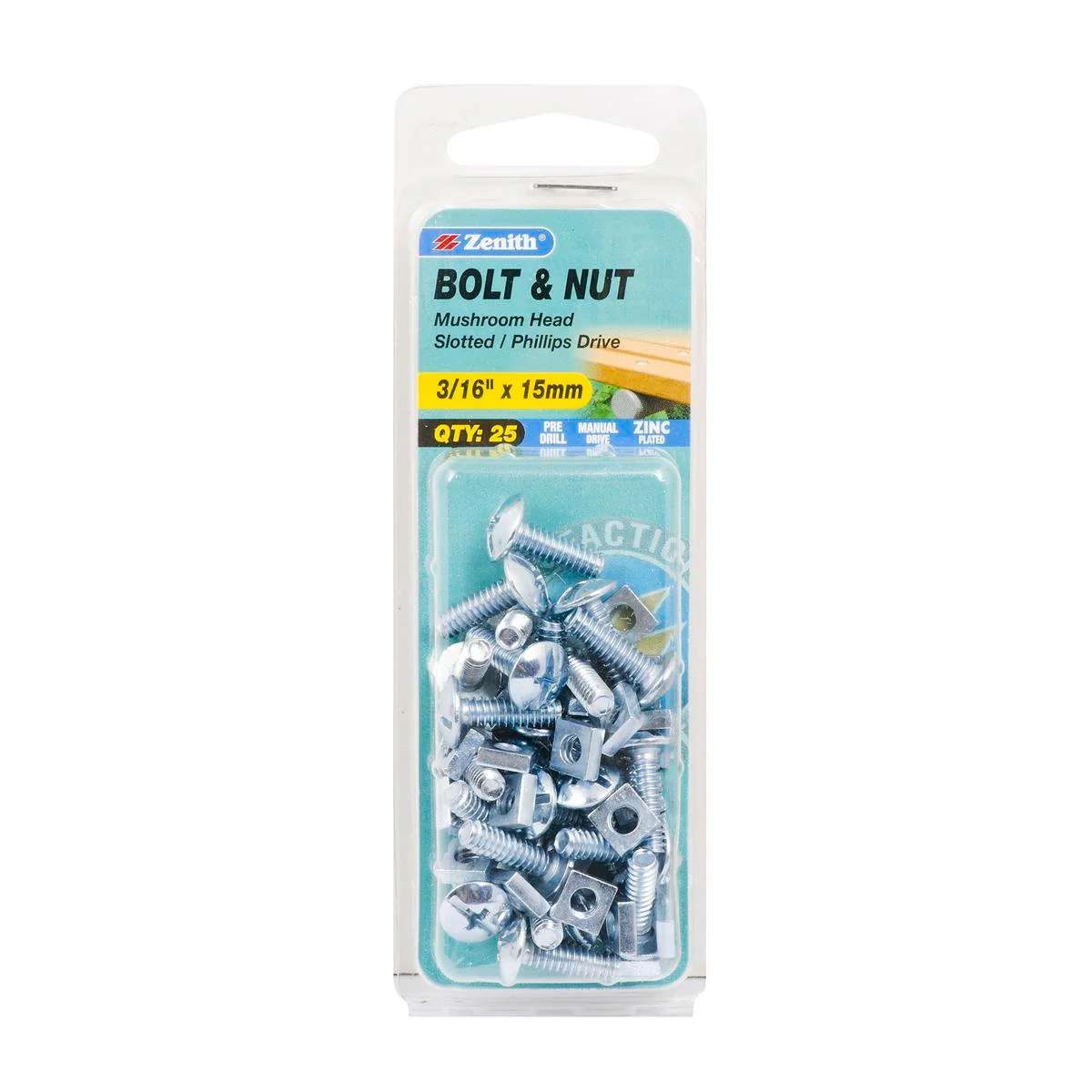 Zenith Mushroom Head Bolt & Nut - 3/16 x 15mm - Zinc Plated - 25 Pack