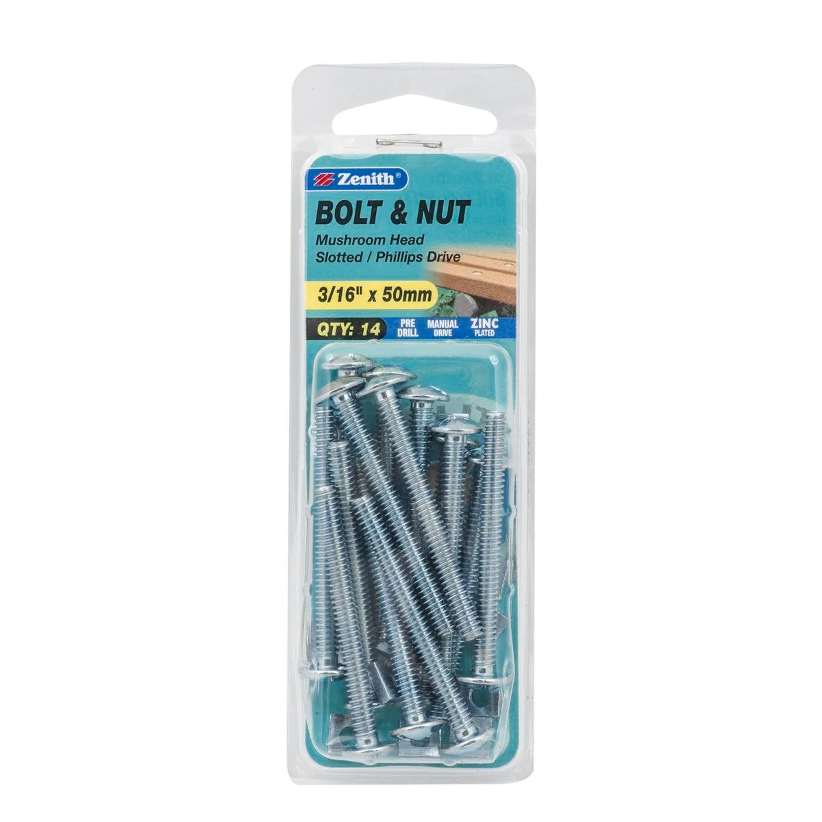 Zenith Mushroom Head Bolt & Nut - 3/16 x 50mm - 14 Pack - Zinc Plated