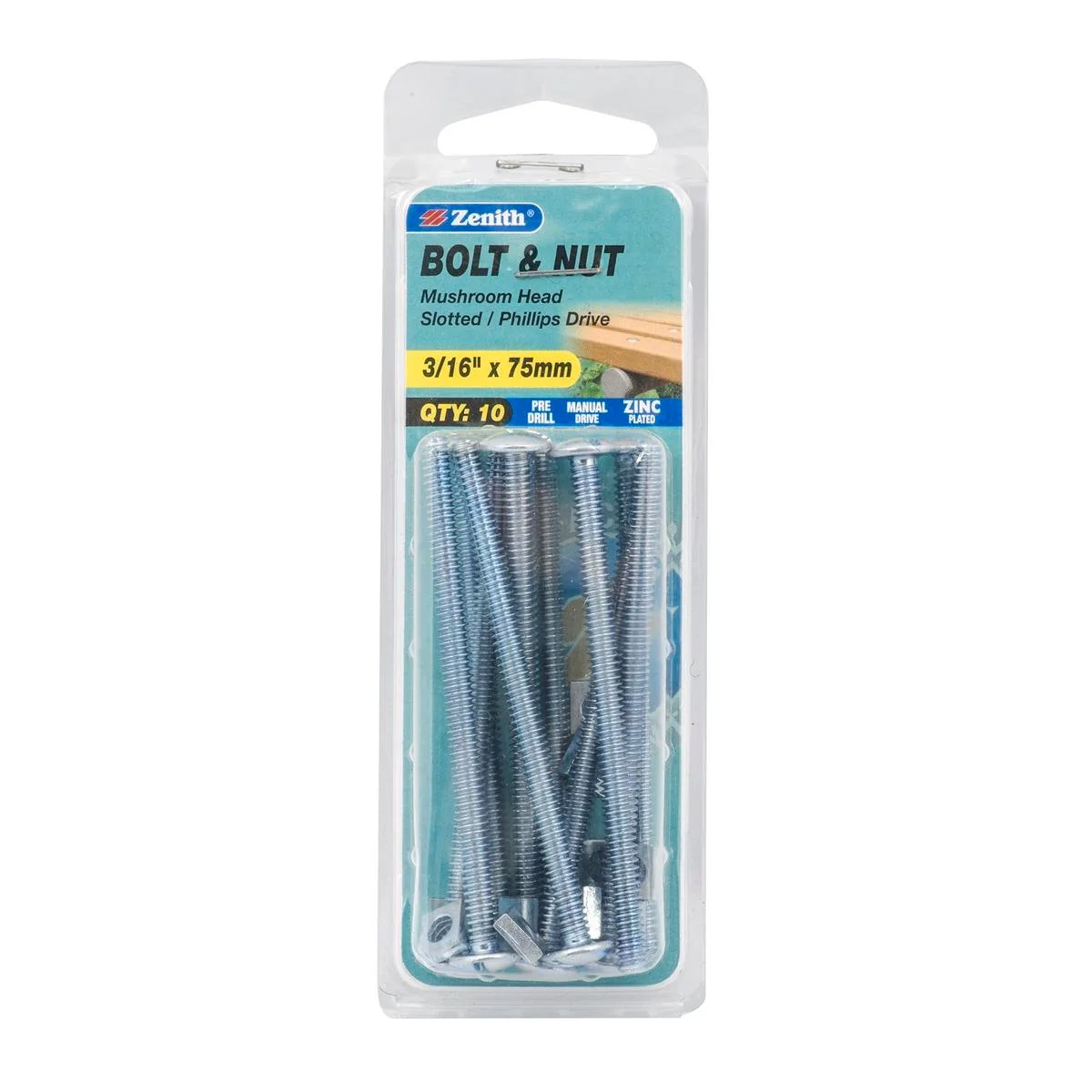 Zenith Mushroom Head Bolt & Nut - 3/16 x 75mm - 10 Pack - Zinc Plated