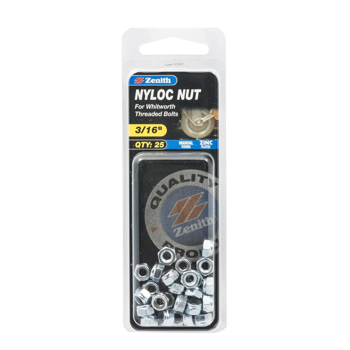 Zenith Nyloc Nuts - 3/16" - 25 Pack - Zinc Plated - Vibration Resistant