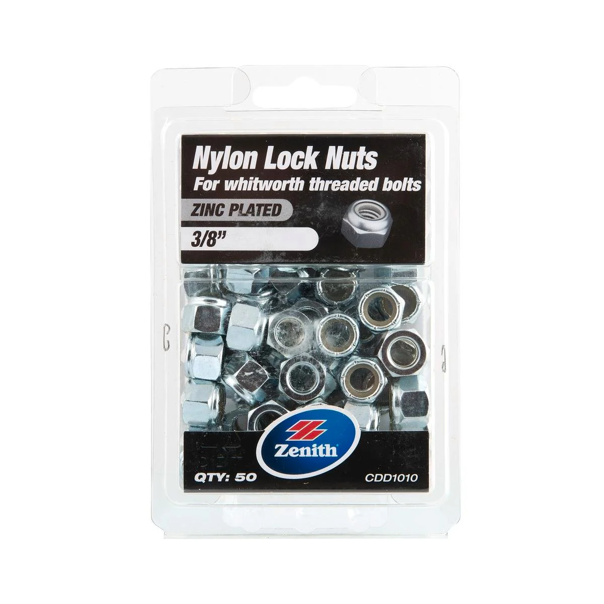 Zenith Nylon Lock Nut - 3/8" - 50 Pack - Zinc Plated - Internal Use