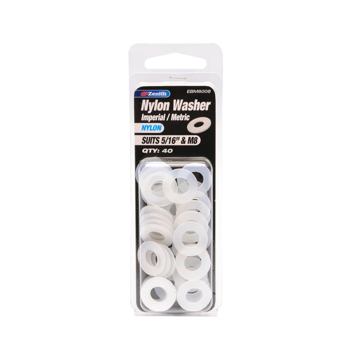 Zenith Nylon Washers 5/16 & M8 40 Pack Lightweight Corrosion Resistant