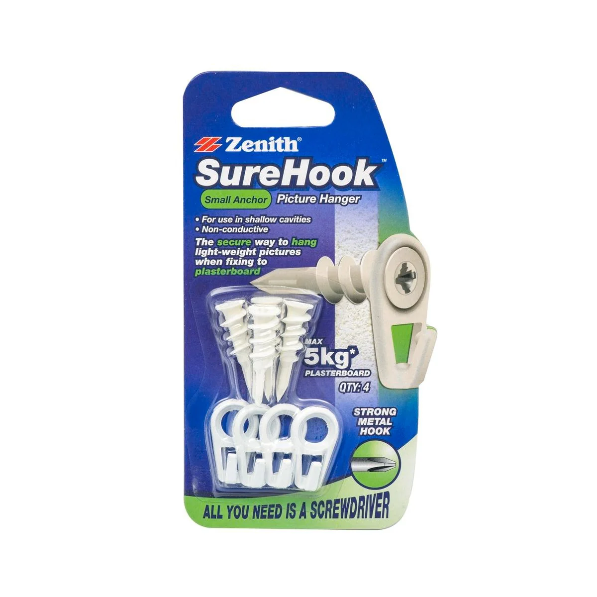 Zenith Picture Hanger - 4 Pack - Plastic - Non-Conductive - 5kg