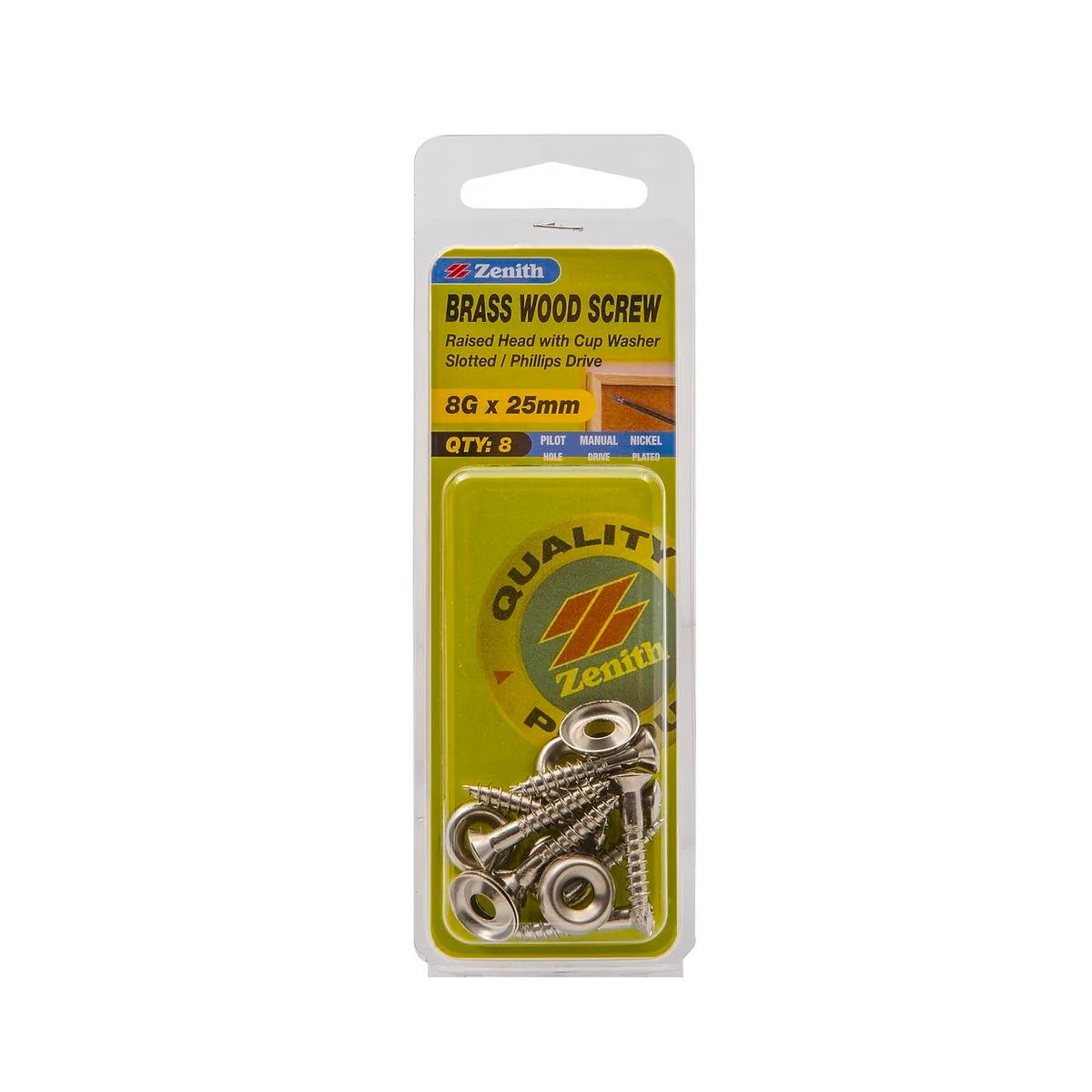 Zenith Raised Head Wood Screw - 8g x 25mm - Nickel Plated Brass - 8 Pack