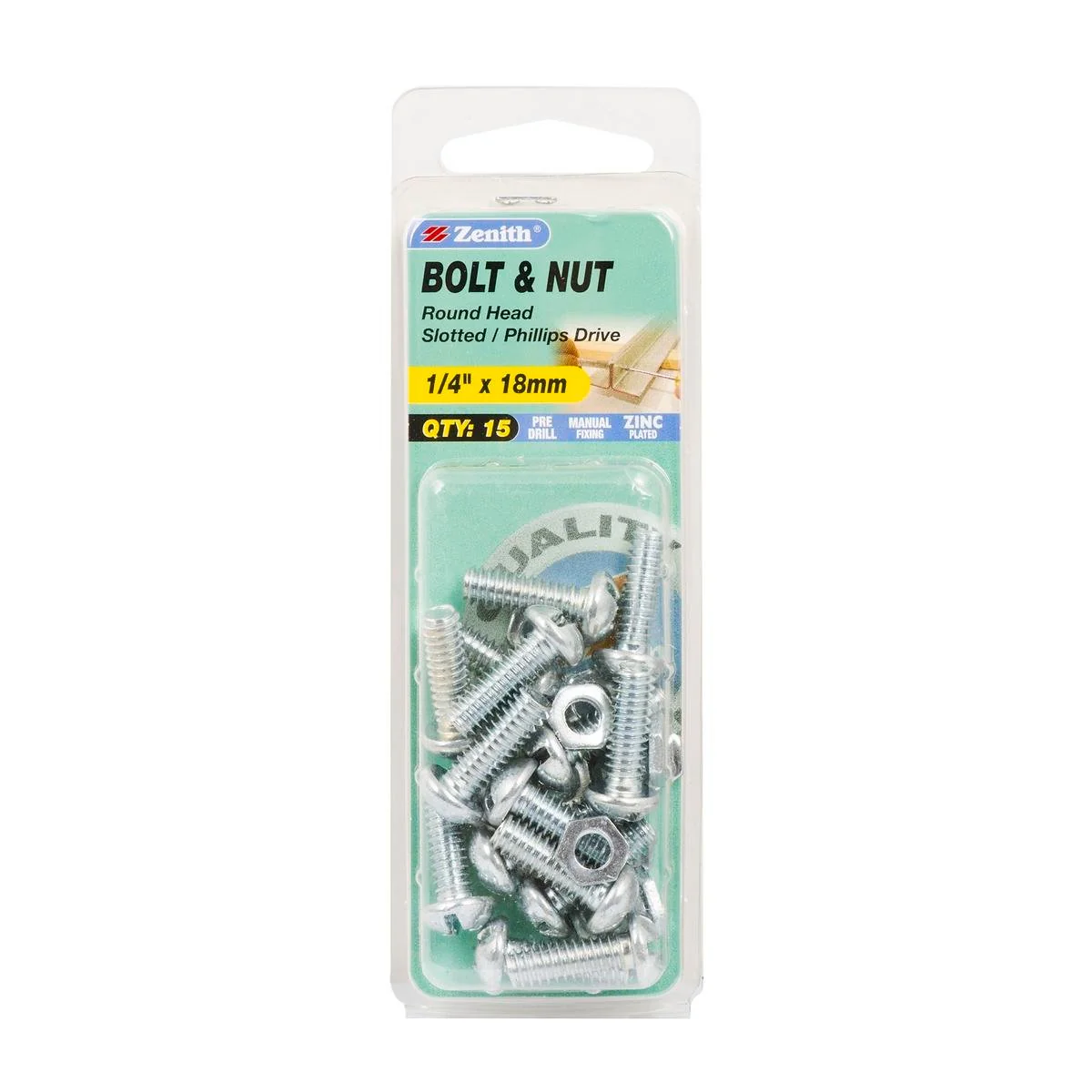 Zenith Round Head Bolt & Nut - 1/4 x 18mm - 15 Pack - Zinc Plated
