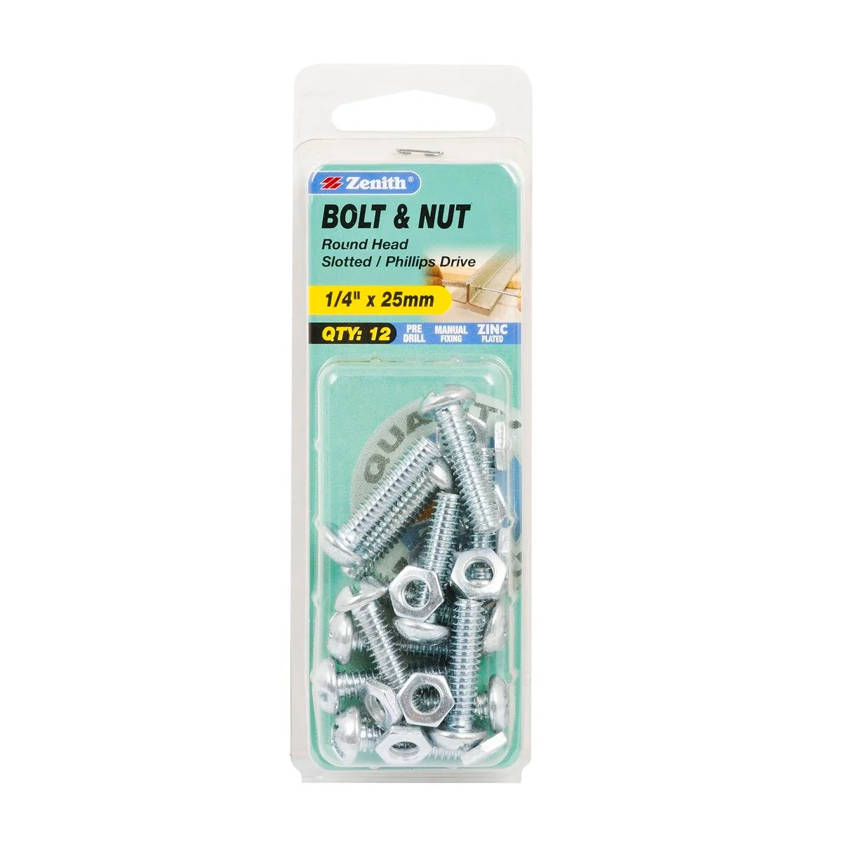 Zenith Round Head Bolt & Nut - 1/4 x 25mm - 12 Pack - Zinc Plated