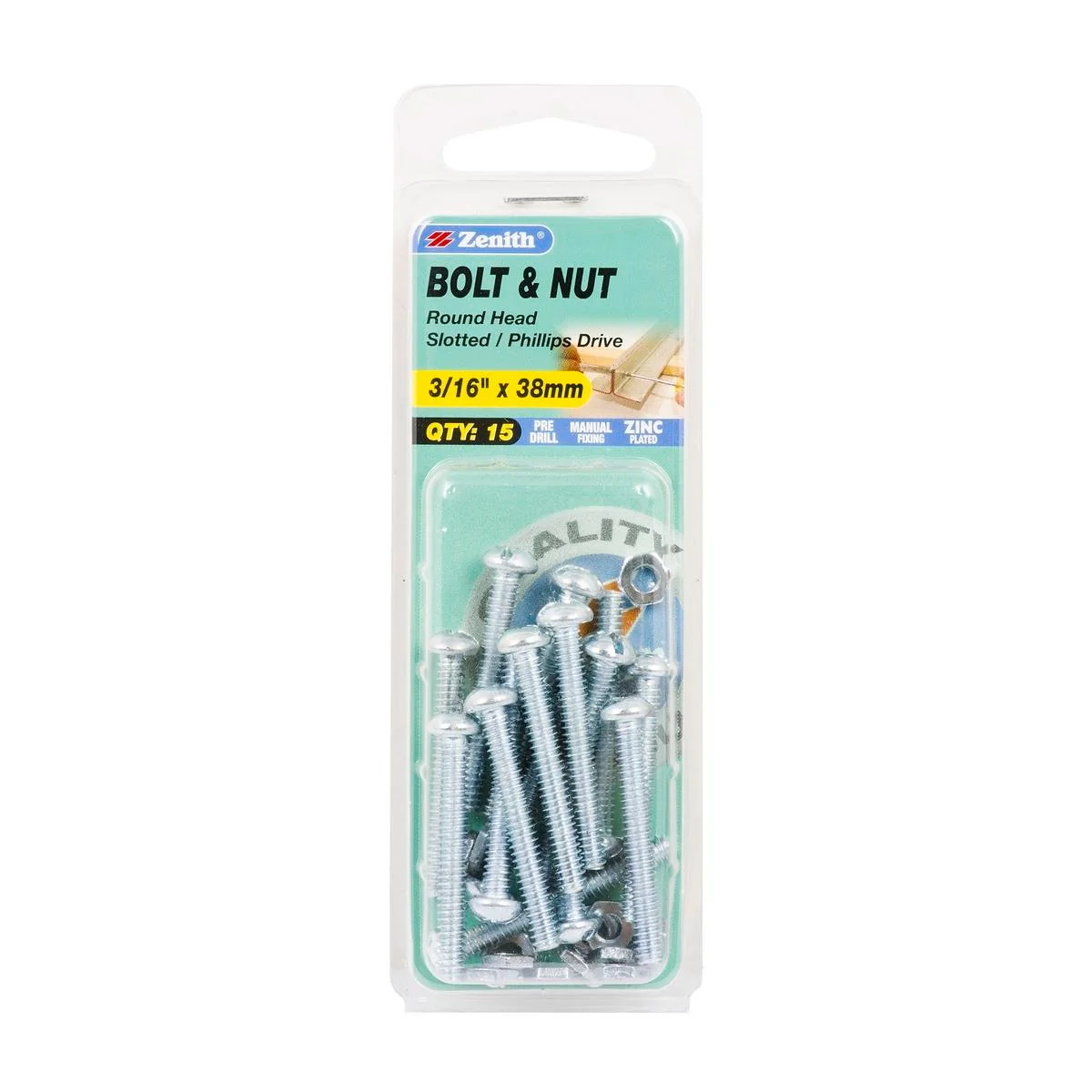 Zenith Round Head Bolt & Nut - 3/16 x 38mm - 15 Pack - Zinc Plated