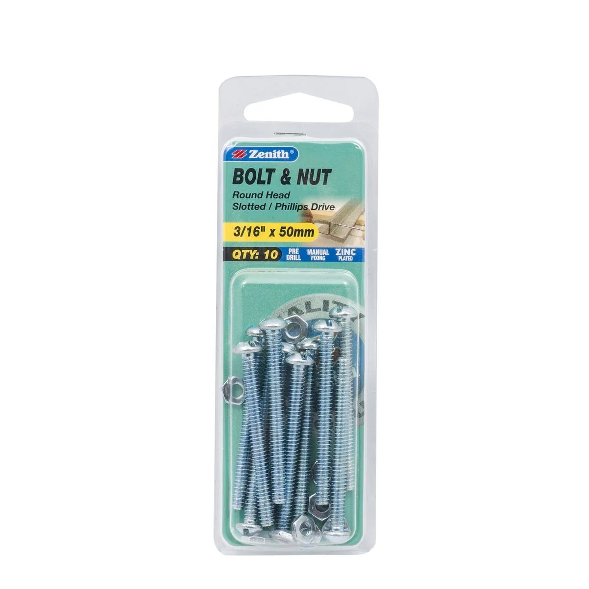 Zenith Round Head Bolt & Nut - 3/16 x 50mm - 10 Pack - Zinc Plated