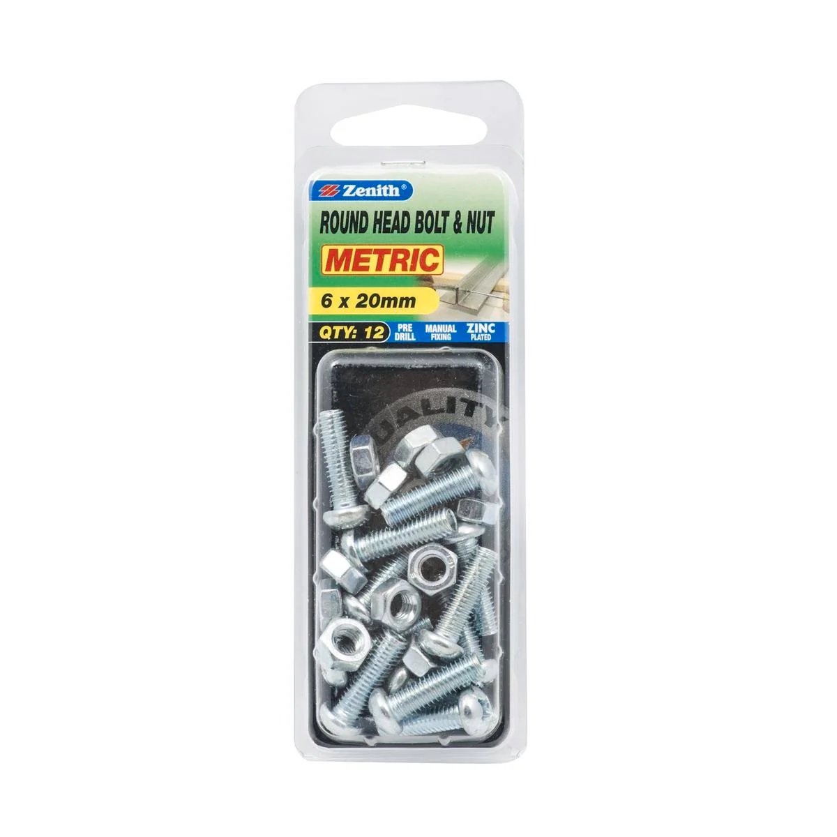 Zenith Round Head Bolt & Nut - 6 x 20mm - Zinc Plated - 12 Pack