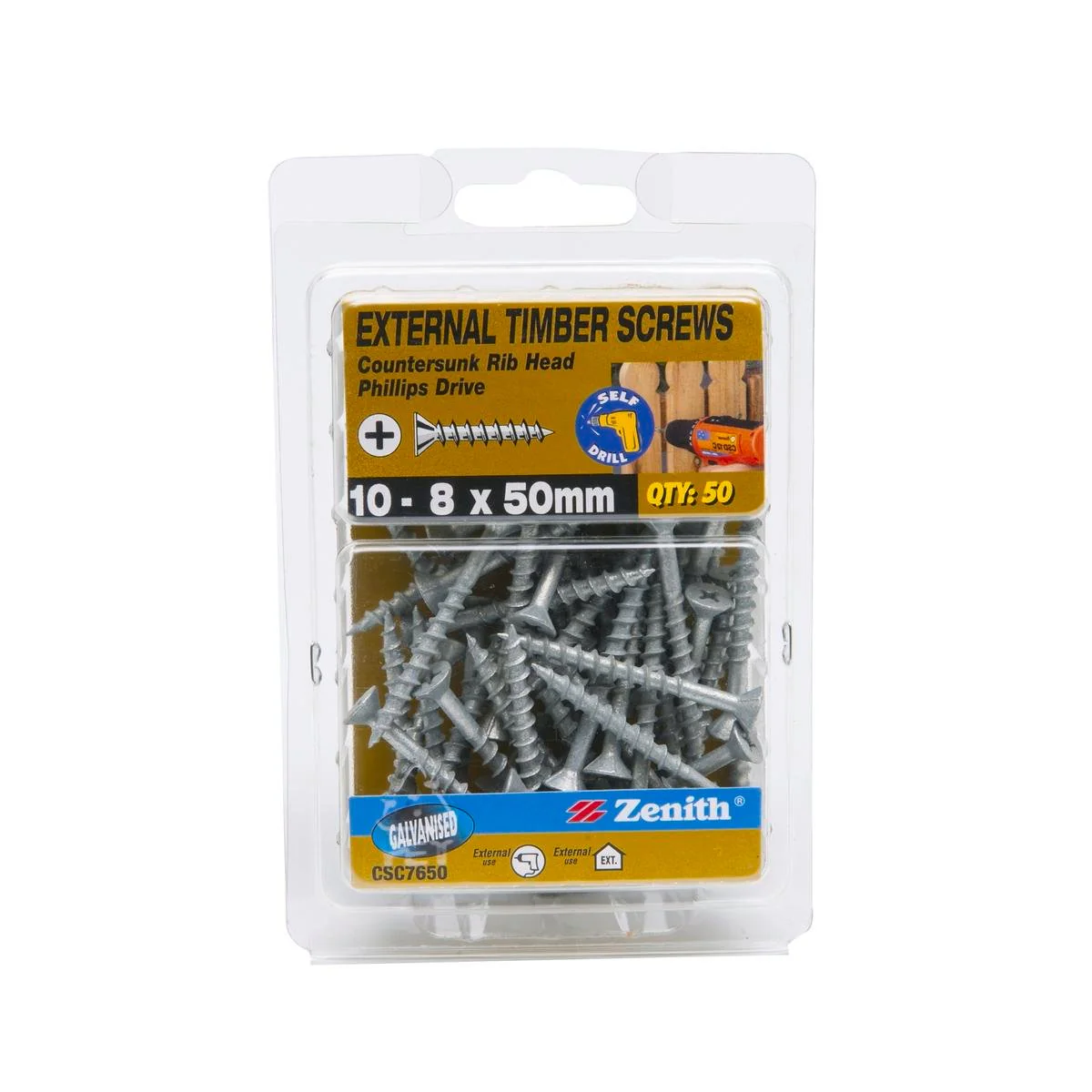 Zenith Timber Screws 10 x 50mm Galvanised Countersunk Ribbed 50 Pack