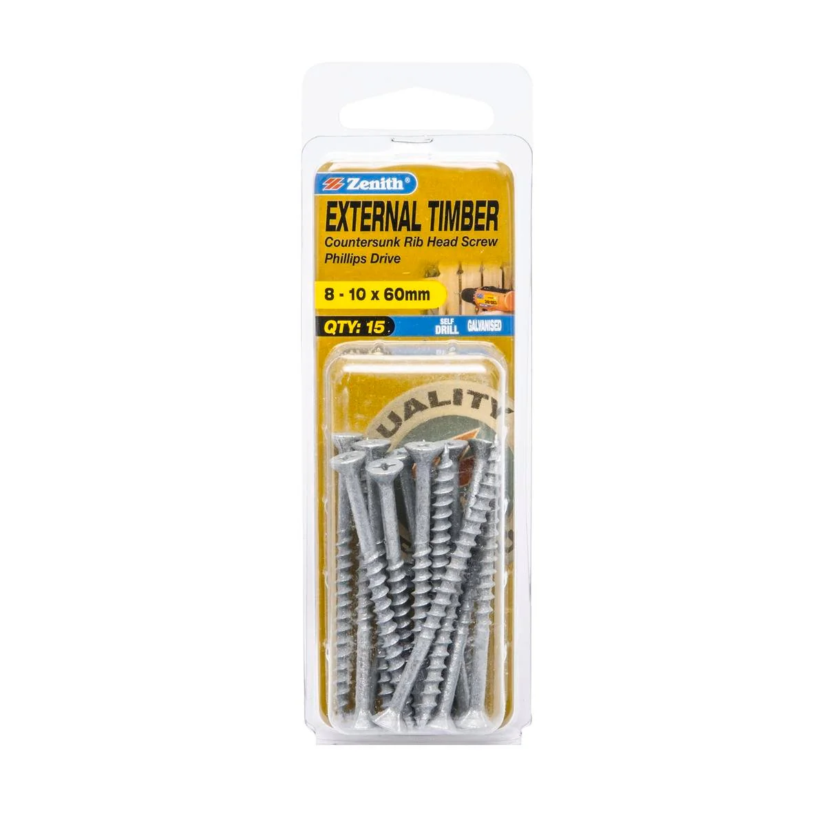 Zenith Timber Screws - 10 x 60mm - Galvanised - Countersunk Rib Head - 15 Pack