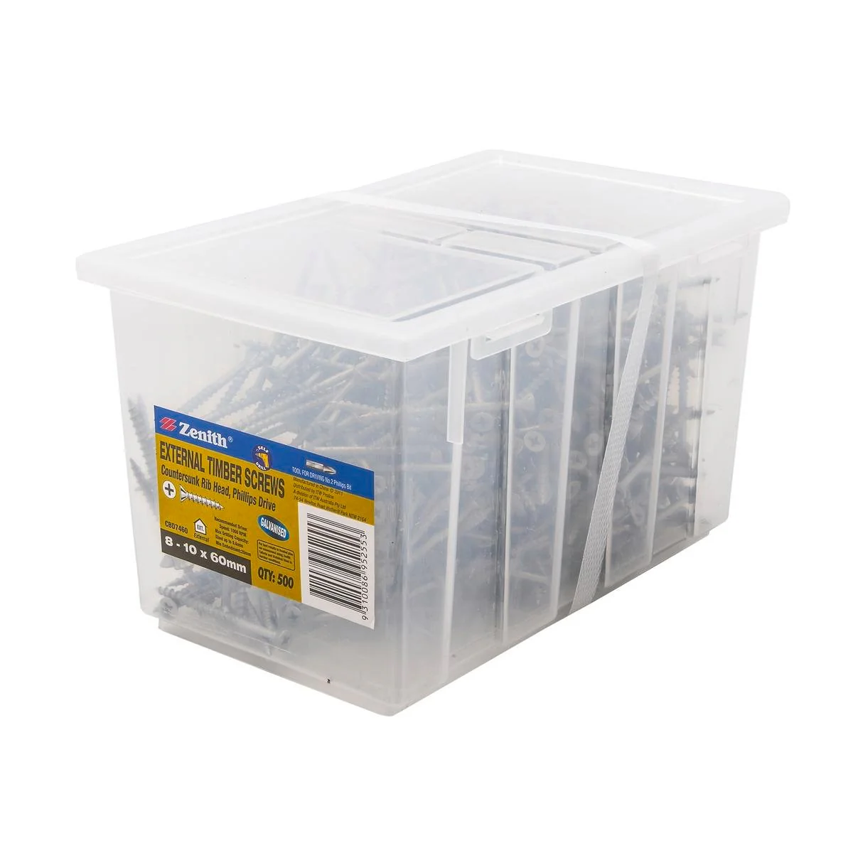 Zenith Timber Screws 10 x 60mm Galvanised Countersunk Rib Head 500 Pack