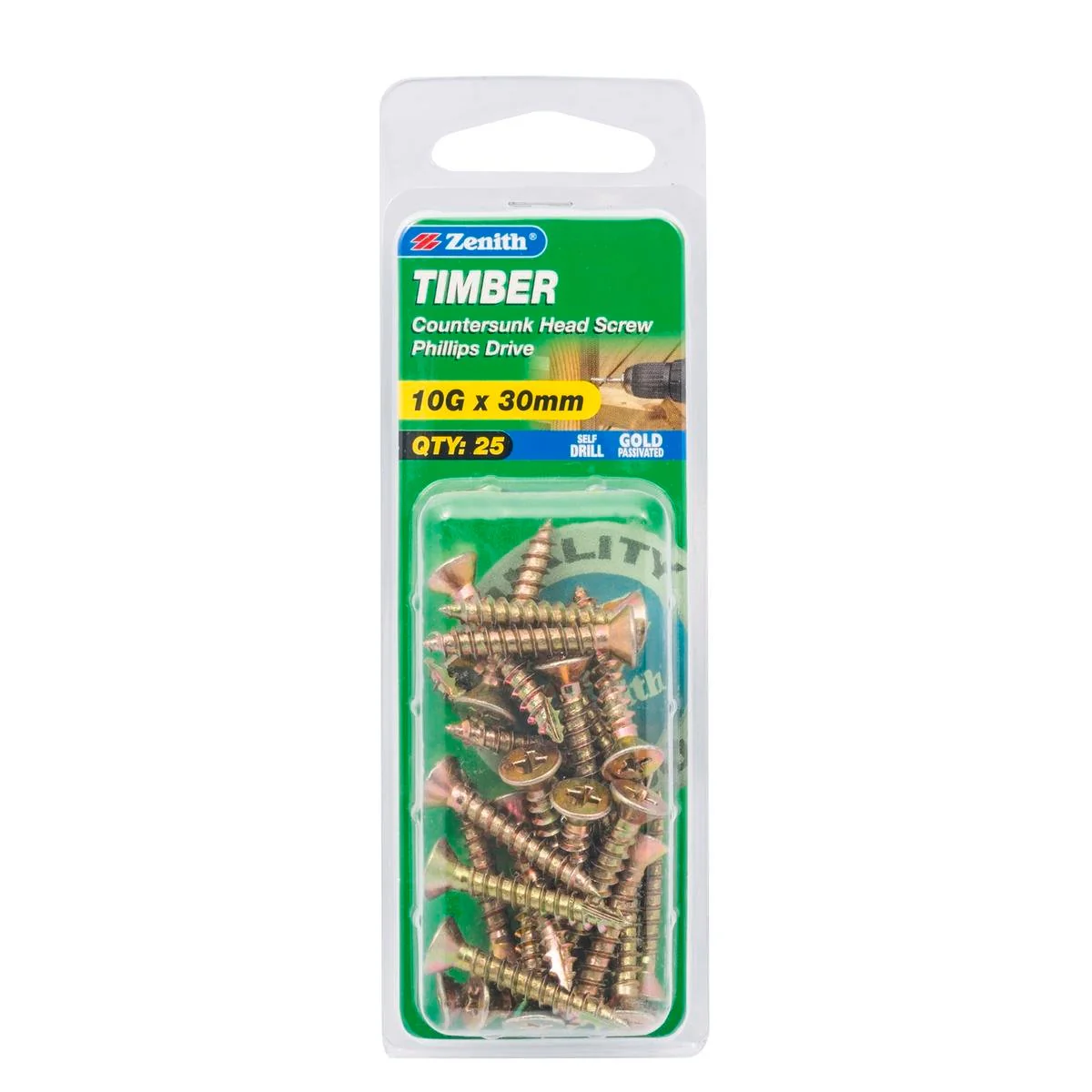 Zenith Timber Screws - 10g x 30mm - Gold Passivated - Countersunk Head - 25 Pack