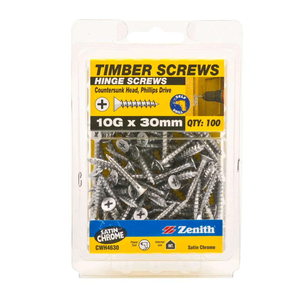 Zenith Timber Screws - 10G x 30mm - Satin Chrome - Countersunk Head - 100 Pack