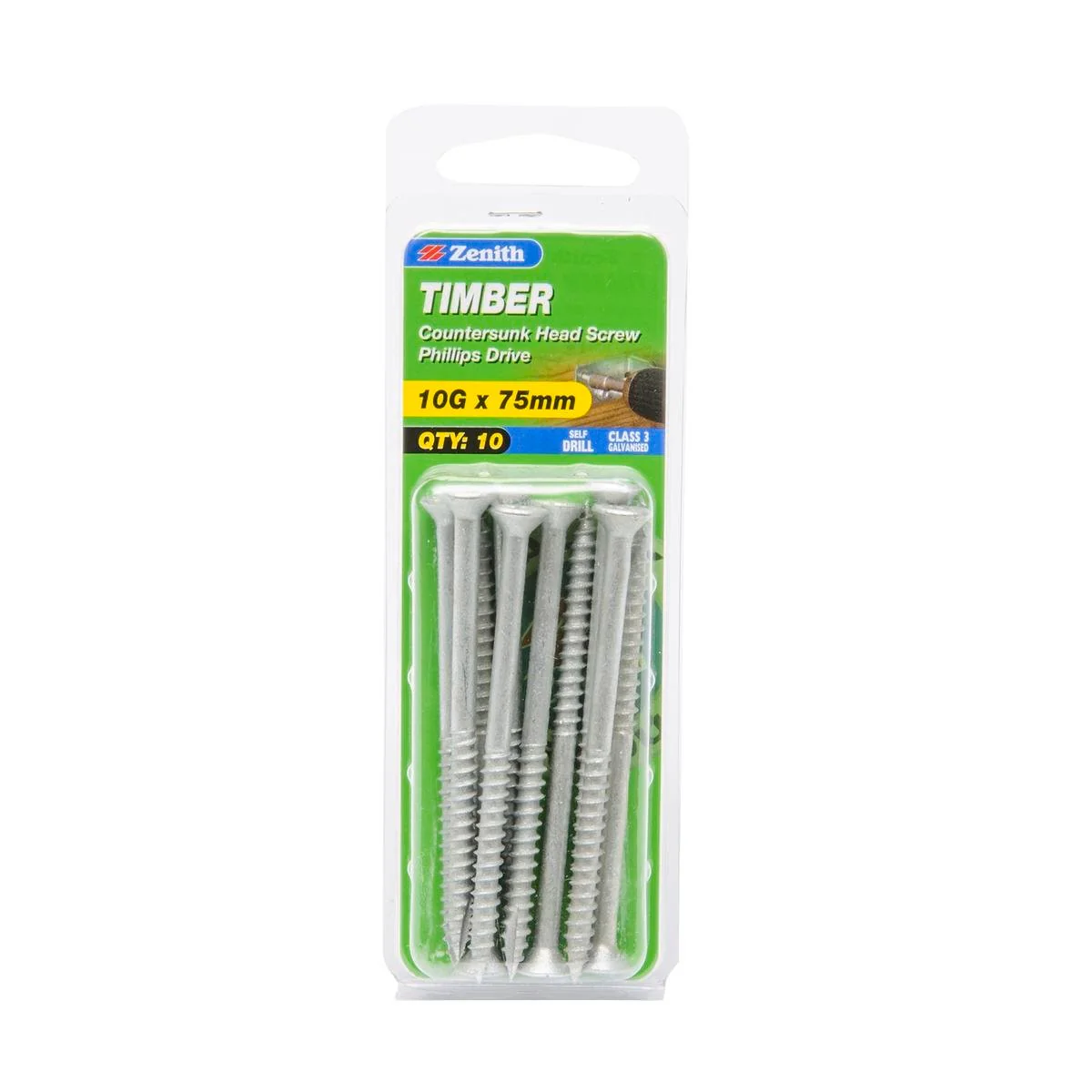 Zenith Timber Screws - 10g x 75mm Galvanised - Countersunk - 10 Pack