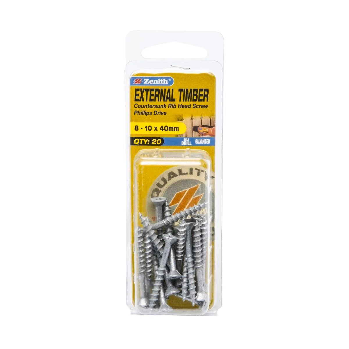 Zenith Timber Screws - 10mm x 40mm - 20 Pack - Galvanised - Countersunk Rib Head