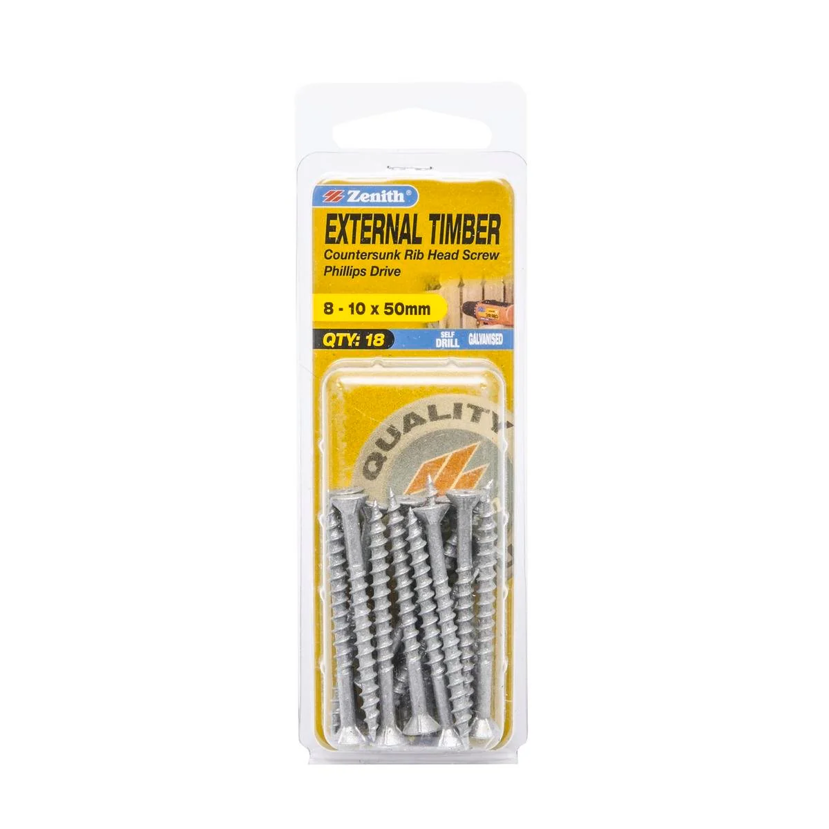 Zenith Timber Screws - 10mm x 50mm - Galvanised - Countersunk Rib Head - 18 Pack