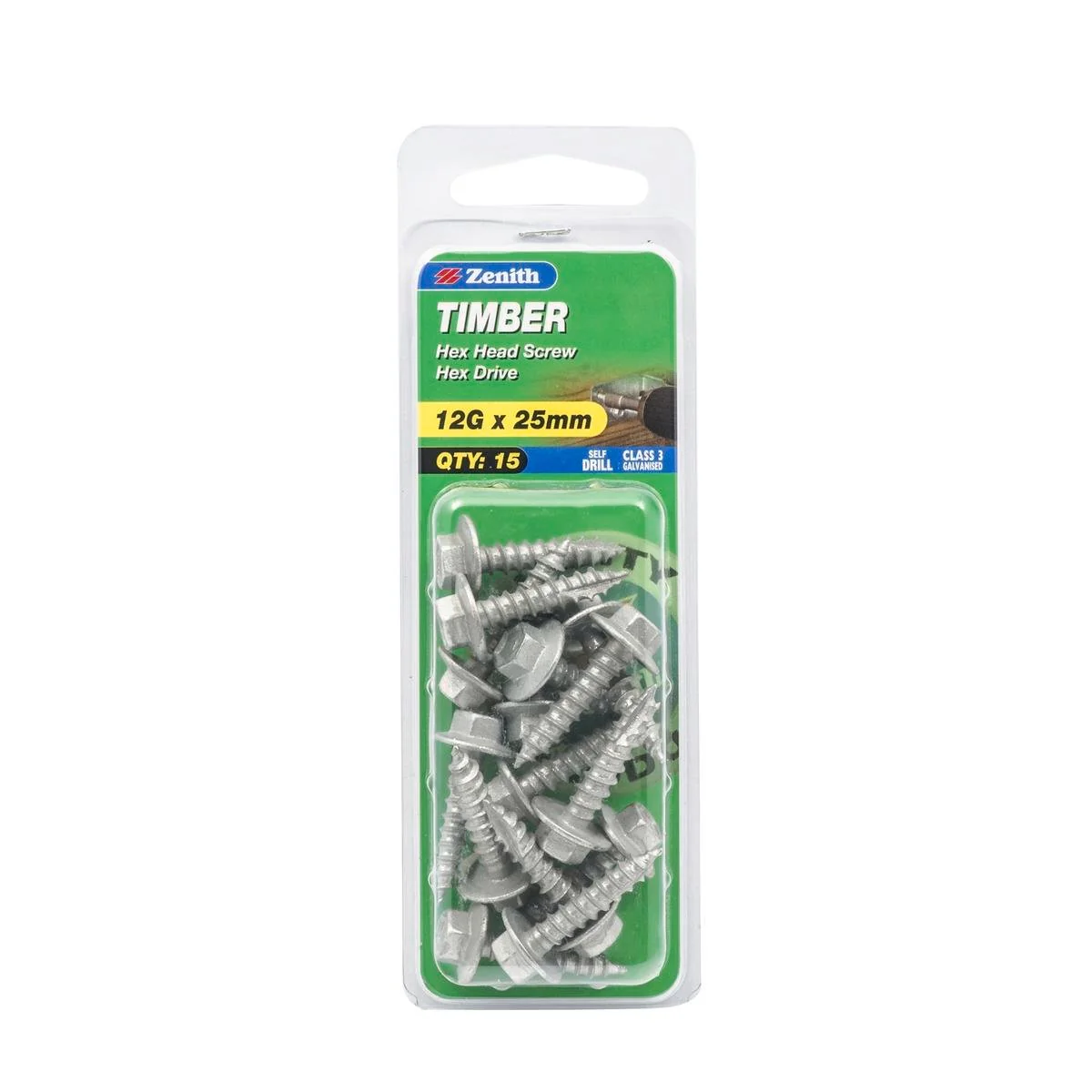 Zenith Timber Screws - 12g x 25mm - Galvanised - Hex Head - 15 Pack