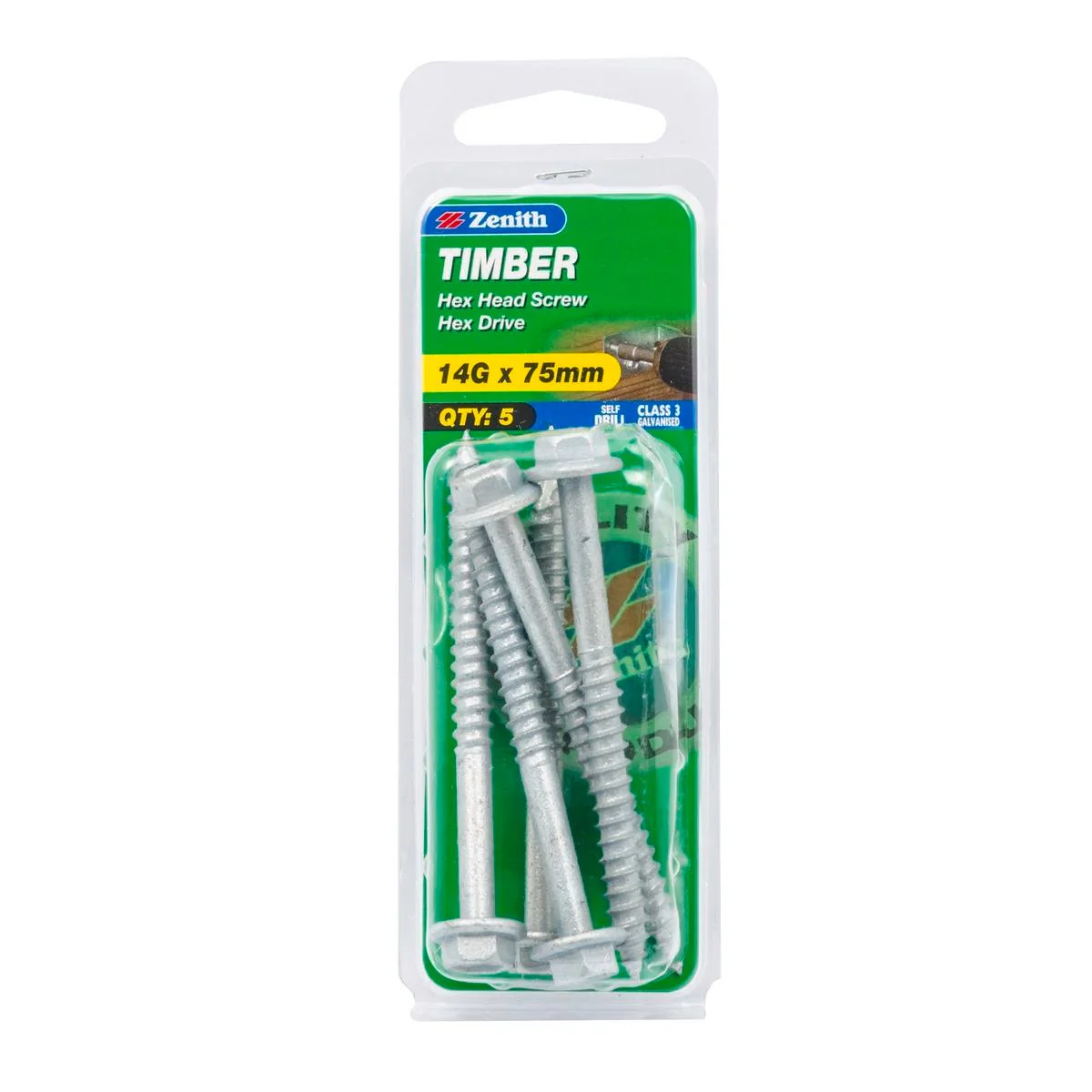 Zenith Timber Screws - 14g x 75mm - Galvanised - Hex Head - 5 Pack