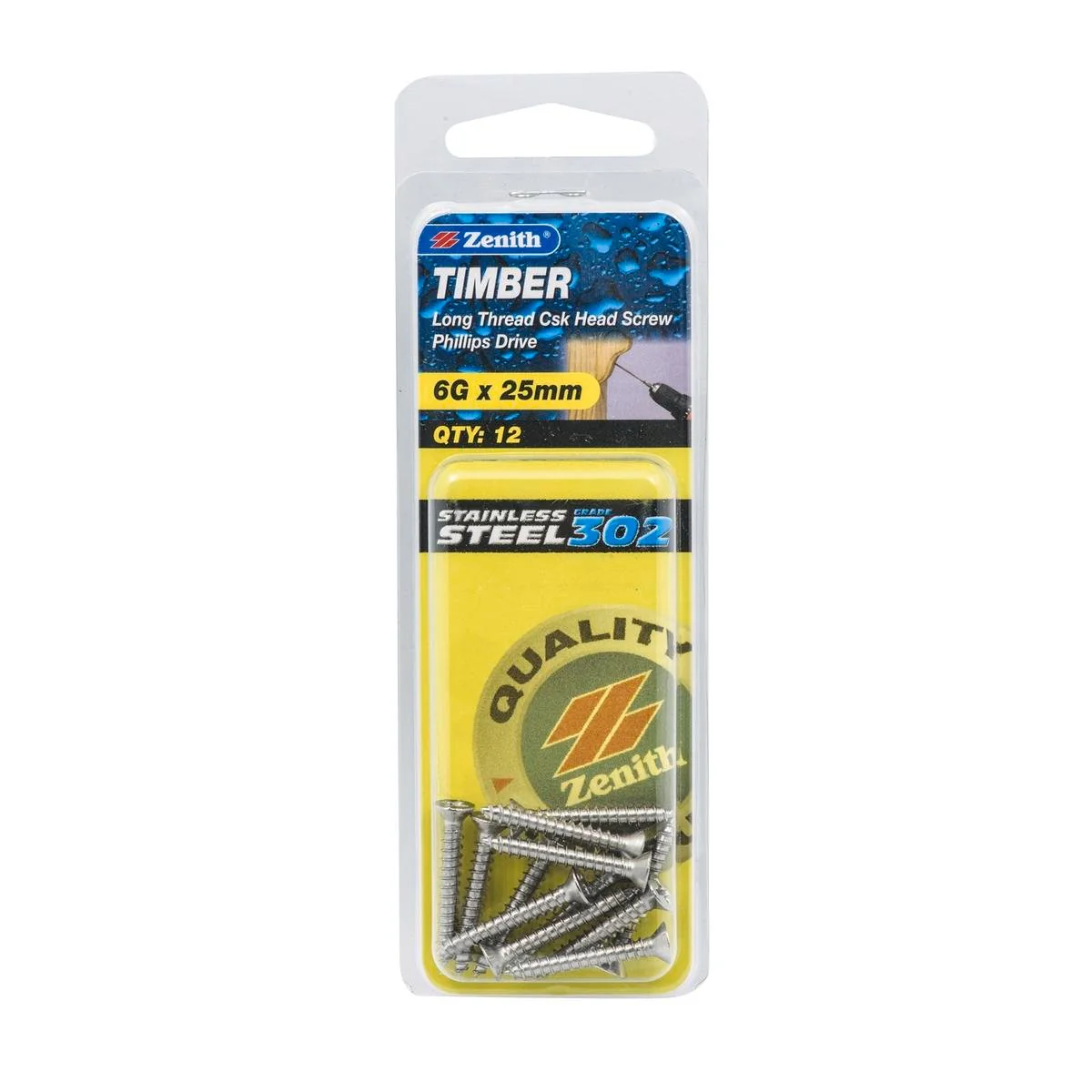 Zenith Timber Screws - 6g x 25mm - Stainless Steel - Countersunk Head - 12 Pack