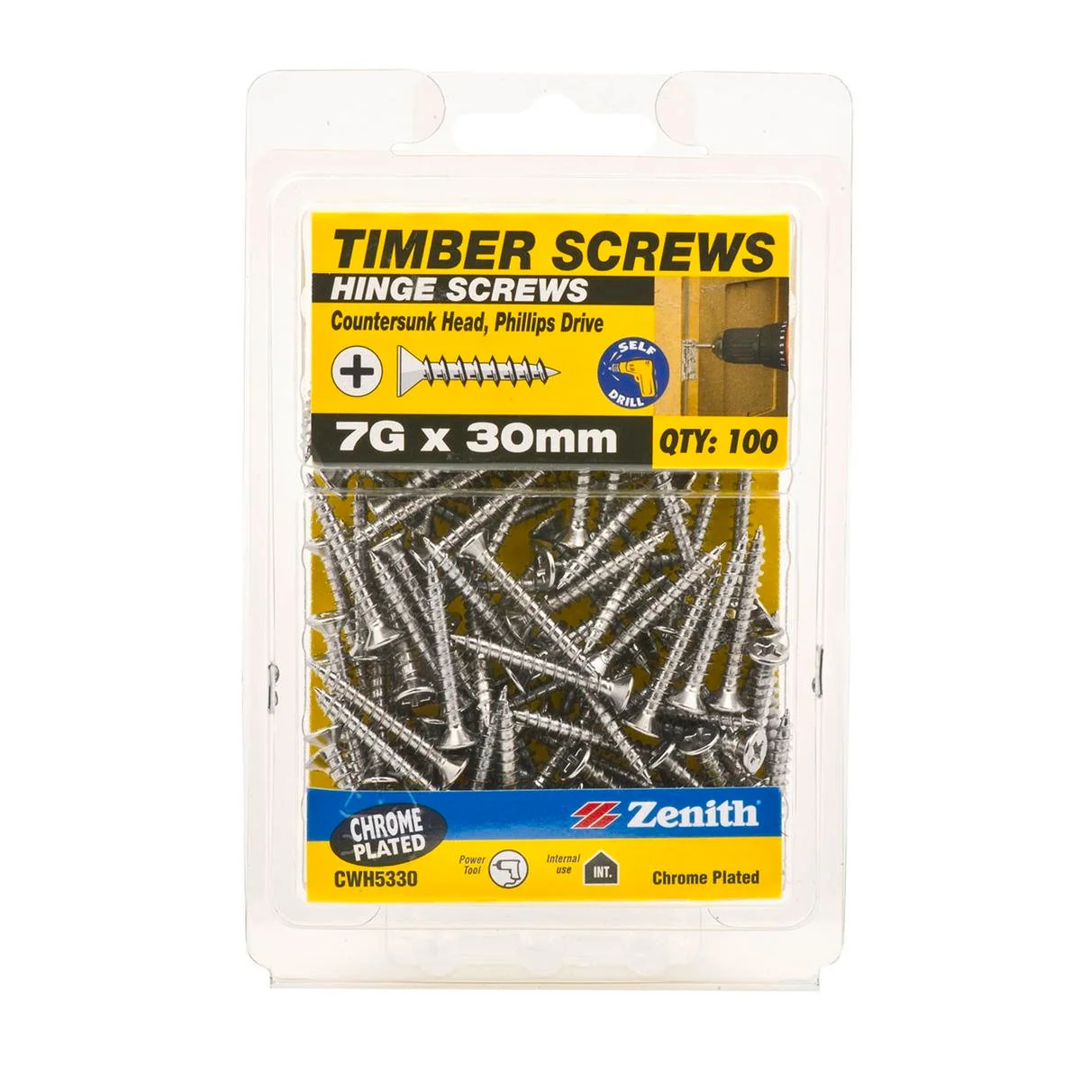 Zenith Timber Screws - 7g x 30mm - Chrome Plated - Countersunk Head - 100 Pack