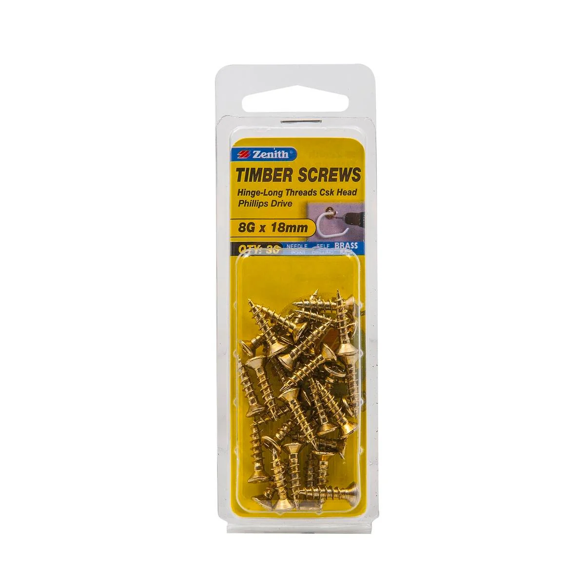Zenith Timber Screws - 8g x 20mm - Brass Plated - Countersunk Head - 30 Pack