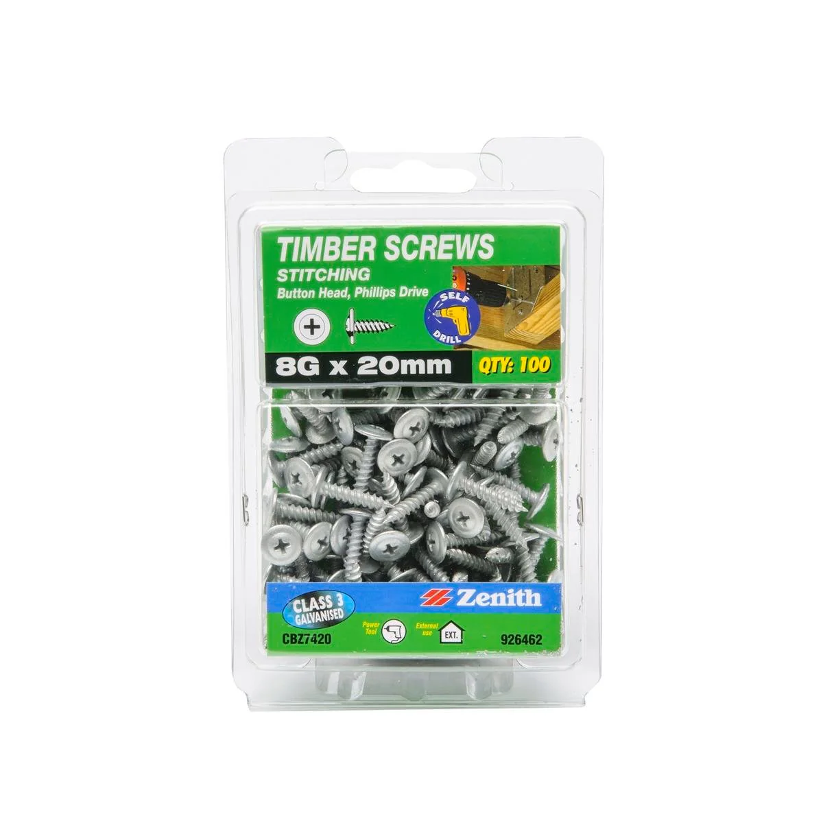 Zenith Timber Screws - 8g x 20mm Galvanised - 100 Pack - Durable