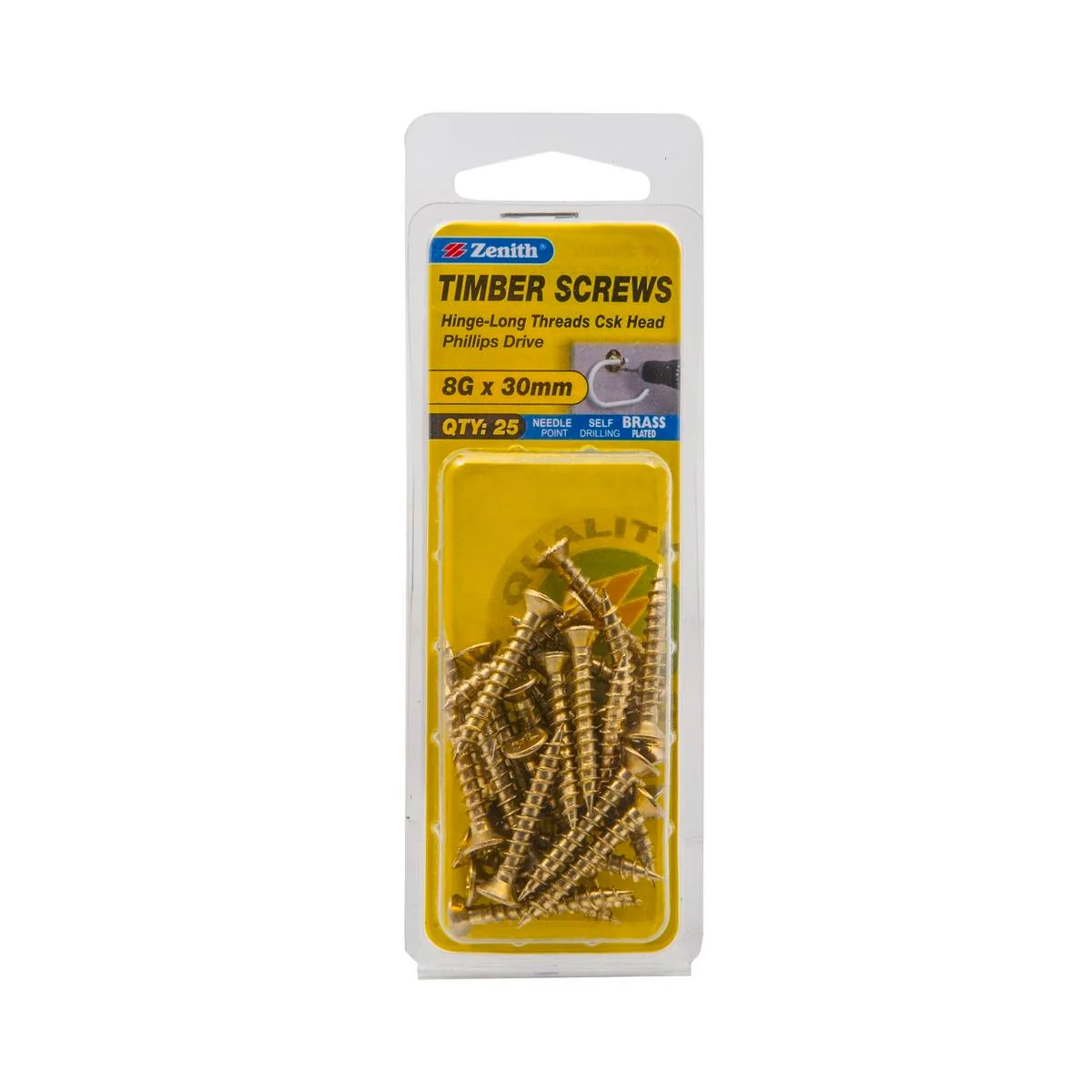 Zenith Timber Screws - 8g x 30mm - Brass Plated - Countersunk Head - 25 Pack