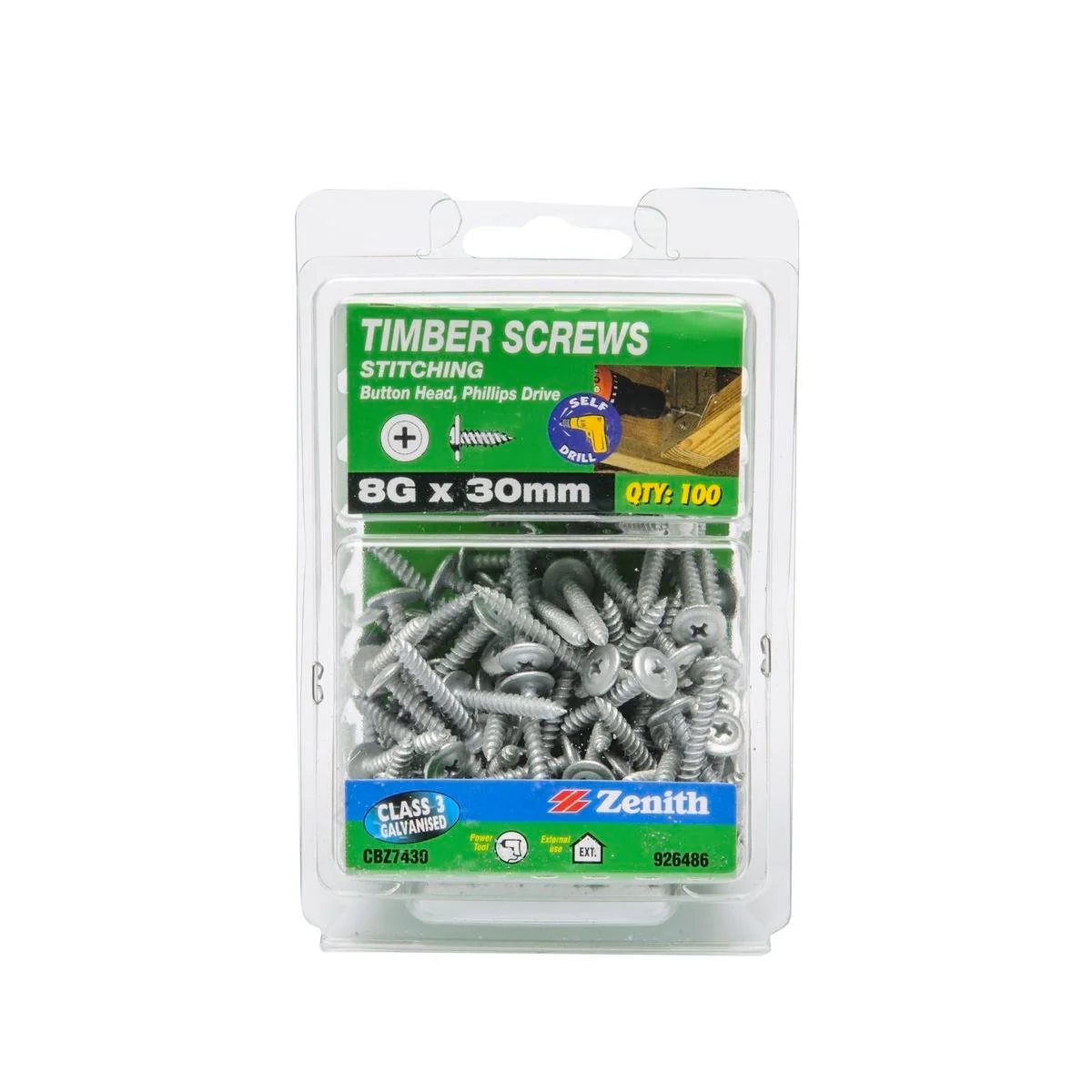 Zenith Timber Screws 8g x 30mm Galvanised Button Head 100 Pack