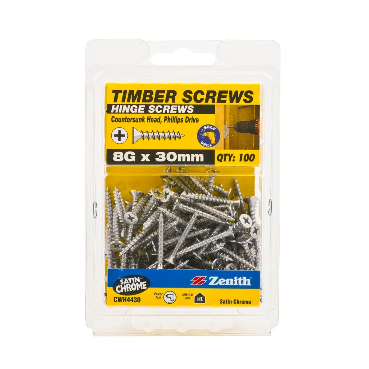 Zenith Timber Screws - 8g x 30mm - Satin Chrome - Countersunk Head - 100 Pack