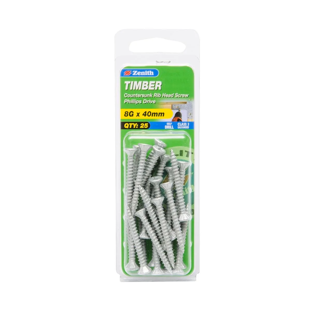Zenith Timber Screws 8g x 40mm Galvanised Steel Flush Finish 25 Pack