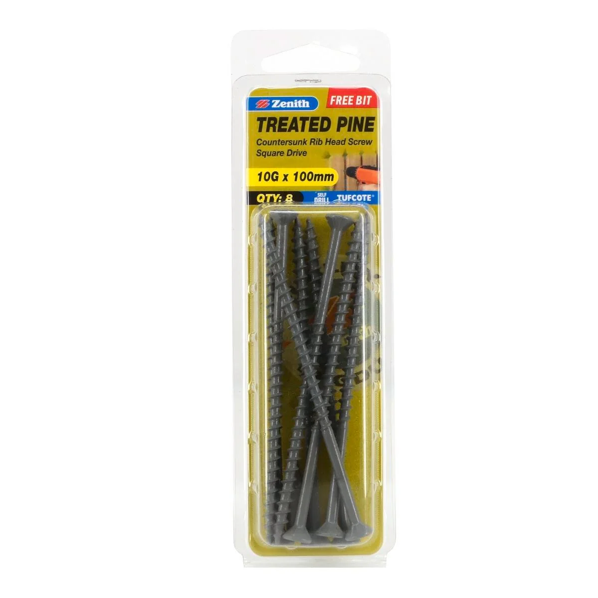 Zenith Treated Pine Screws - 10g x 100mm - Carbon Steel - Tufcote
